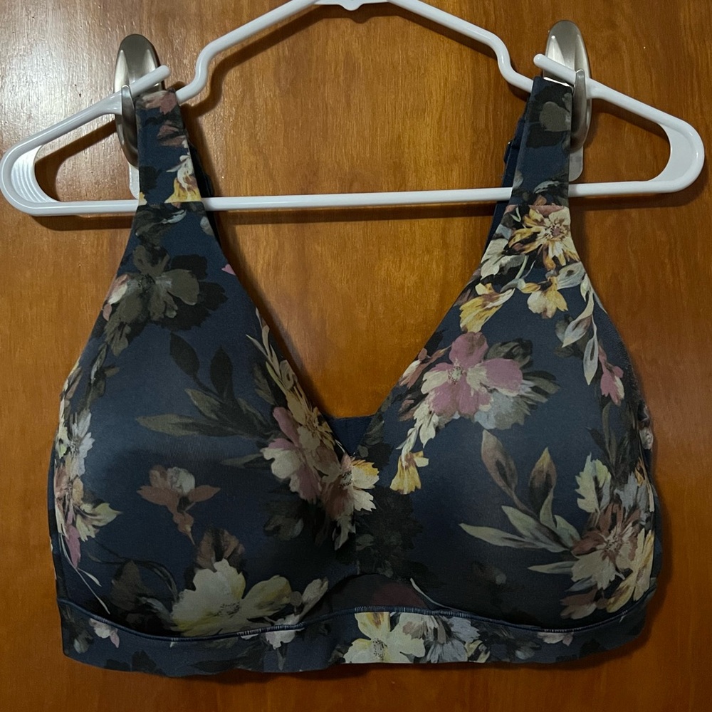 40DD, Lane Bryant Cacique, blue floral, lightly lined no wire bra